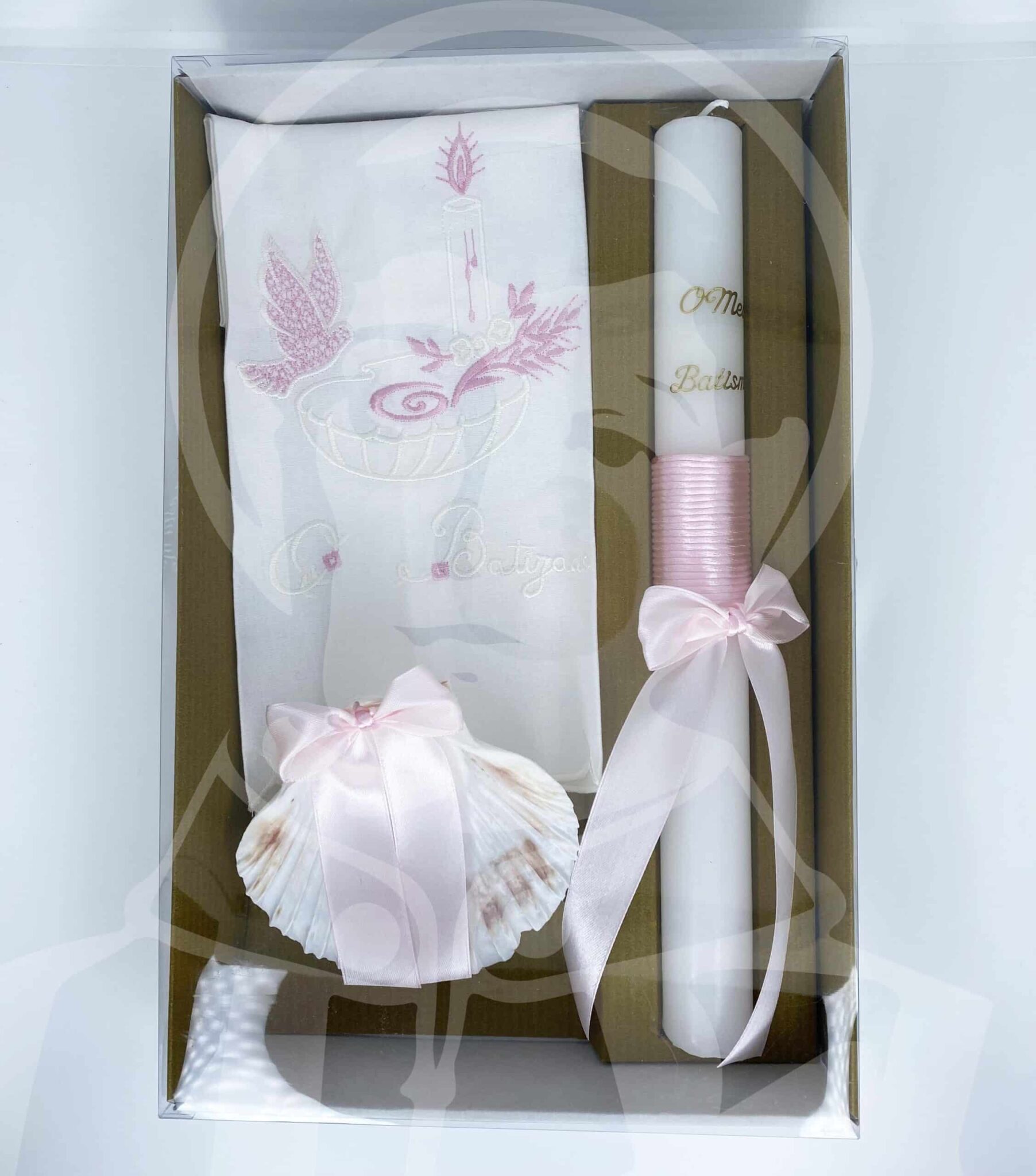 Kit de Batismo com Vela, Concha e Toalha - Rosa