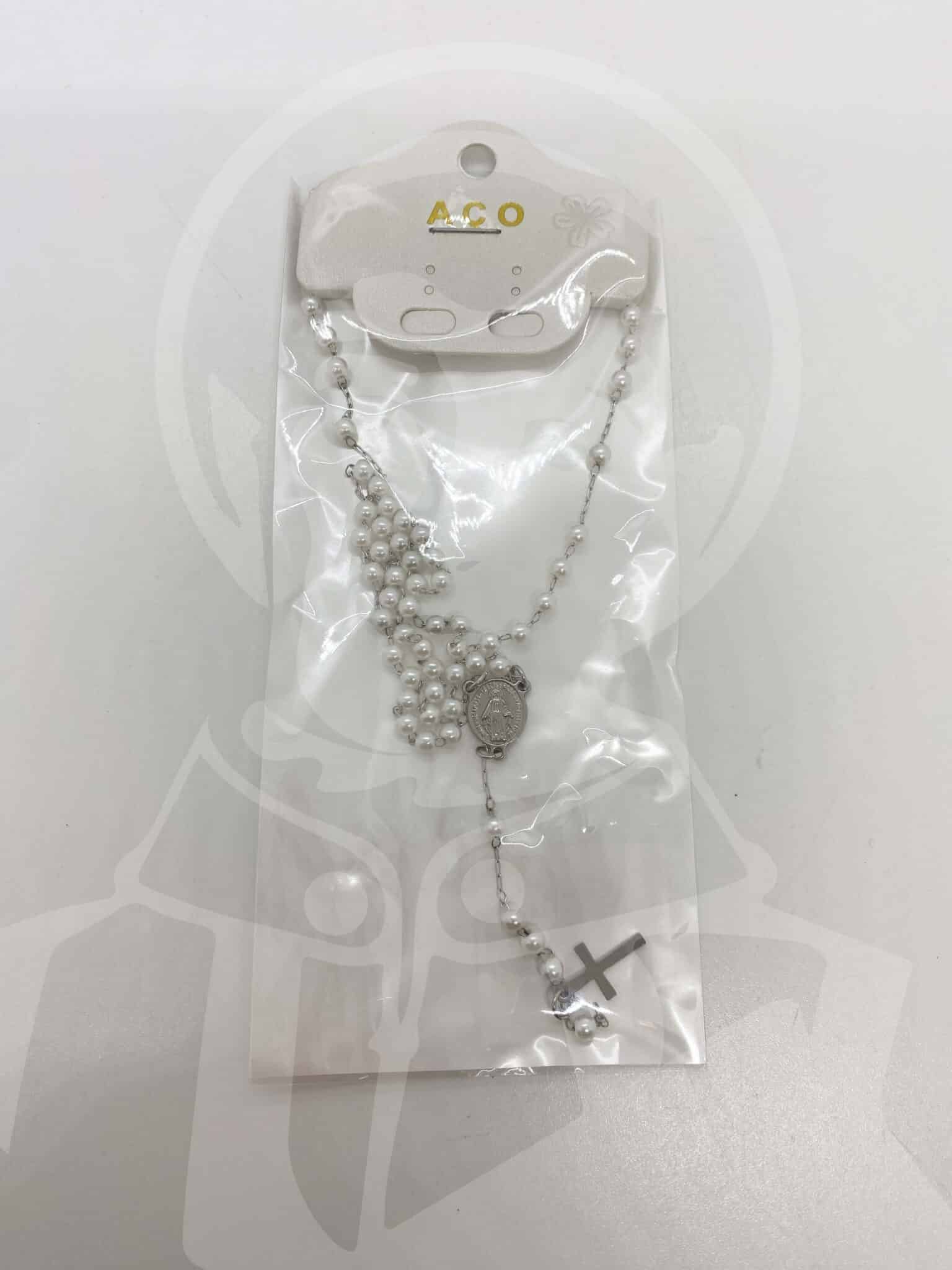 Terço em Aço com Missangas Brancas N.ª Sr.ª das Graças