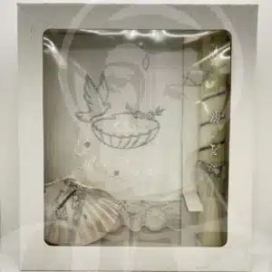 Kit de Batismo com Vela, Concha e Toalha - Prateado