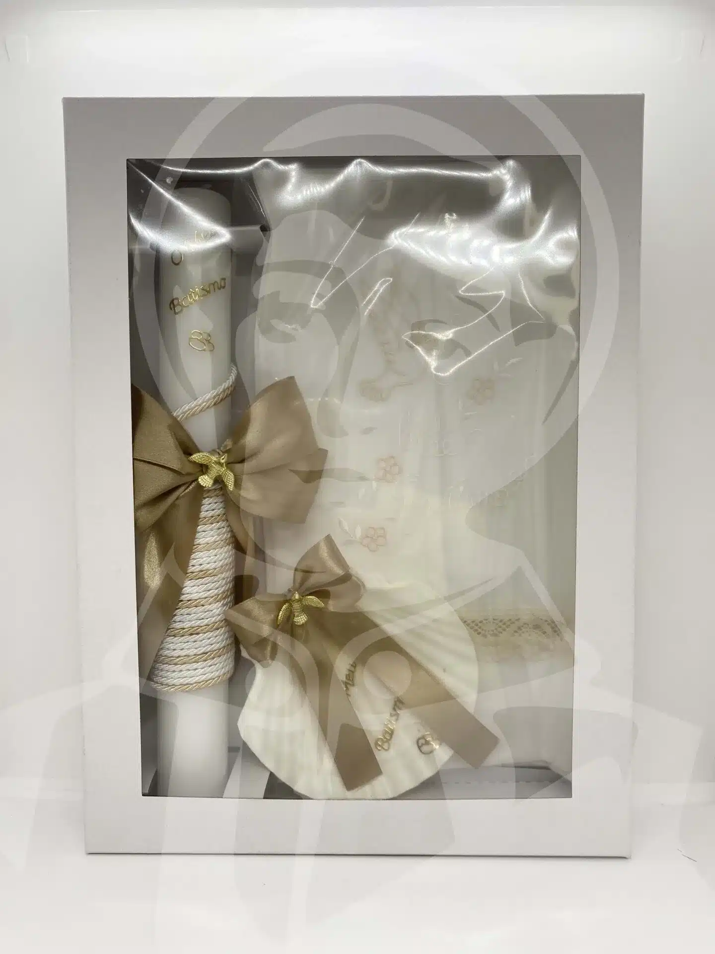 Kit de Batismo com Vela, Concha e Toalha - Bege