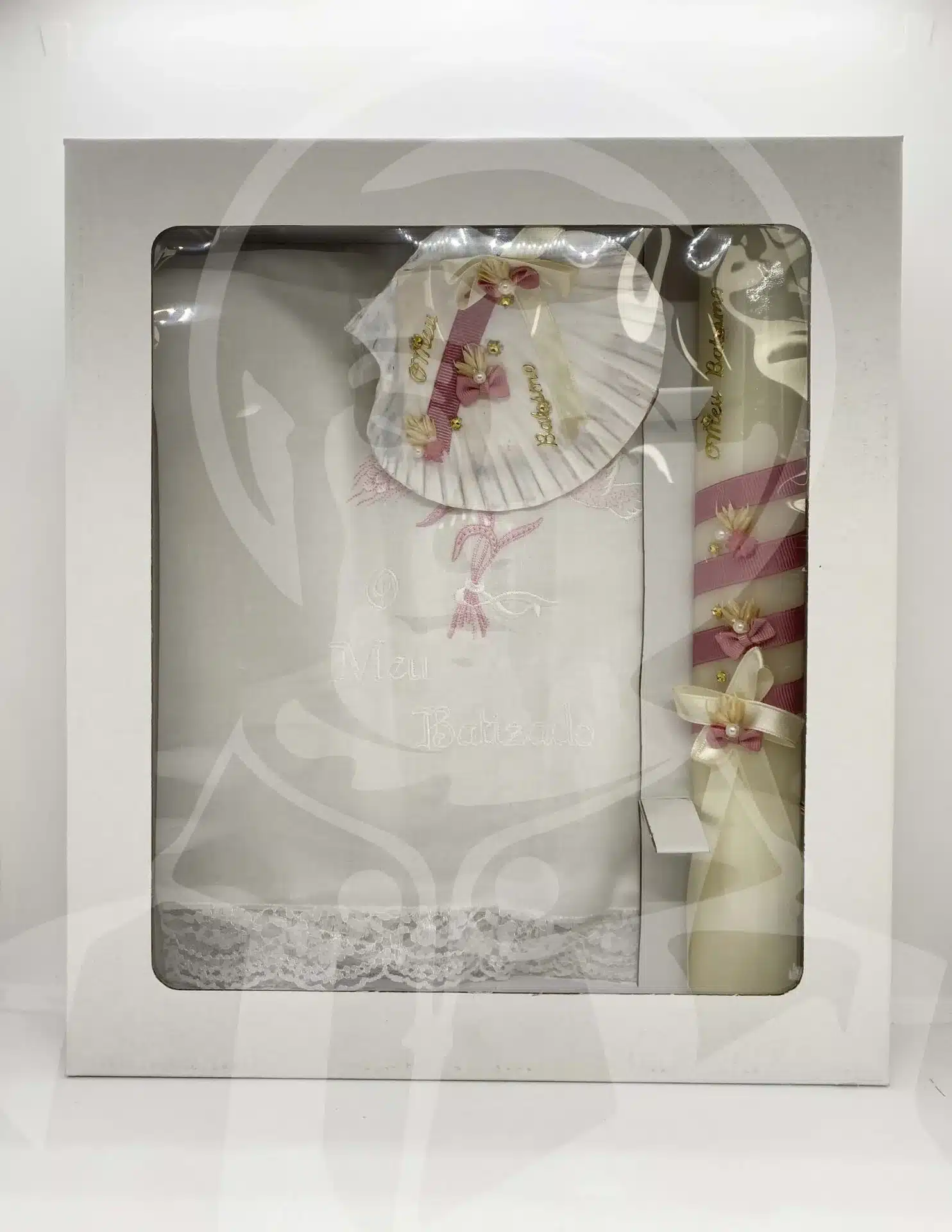 Kit de Batismo com Vela, Concha e Toalha - Rosa