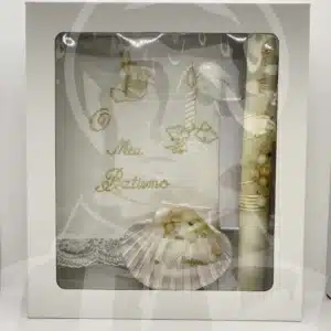 Kit de Batismo com Vela, Concha e Toalha - Dourado